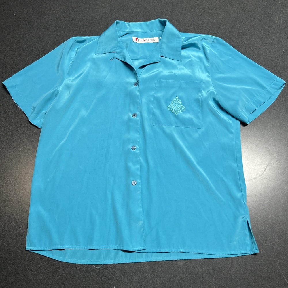VTG Chaus Collared Blue Button-down Blouse Embroidered Pocket Womens SIze 12